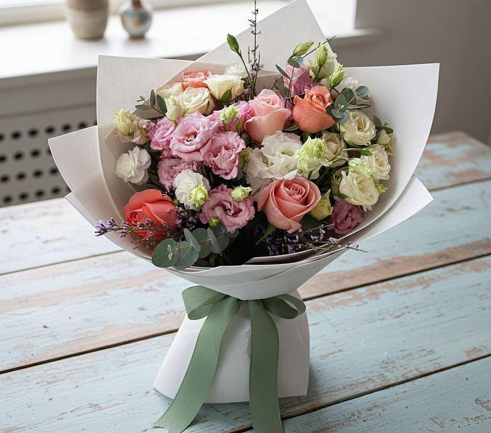 Букет цветов из: Розы, Лизиантусы и Гвоздики в Венгерово