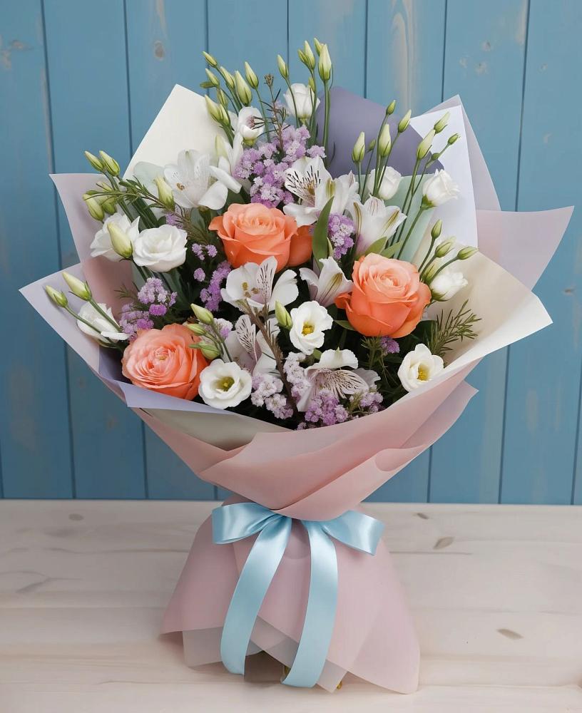 Букет цветов из: Лизиантусы, Розы, Альстромерии и Гипсофила в Венгерово